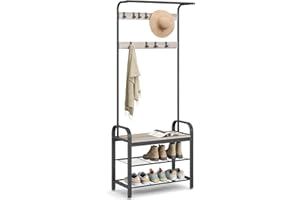 VASAGLE Coat Rack, Coat Stand with Shoe Storage Bench, 4-in-1 Design, with 9 Removable Hooks, a Clothes Rail, for Hallway, Entrance, 34 x 72 x 183 cm, Industrial, Greige and Black HSR40MB
