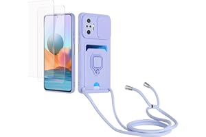 Kaslly Funda con Cuerda para Redmi Note 10 Pro/Note 10 Pro MAX+[2 Pack Protector Pantalla],Case con Ranura para Tarjetas,Cubierta de Cámara Deslizante Proteger,Doble Cara Protección-Púrpura