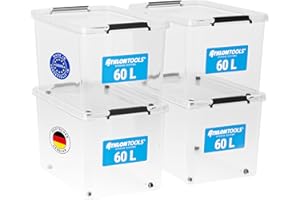 ATHLON TOOLS 4x 60 L Aufbewahrungsboxen mit Deckel, lebensmittelecht - Verschlussclips - 100% Neumaterial Plastik-Box transparent - Kleiderboxen stapelbar