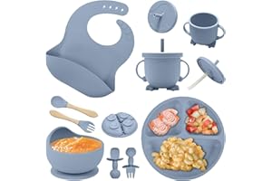 TTSTOIEE Vajilla Bebé de Silicona,8 piezas Vajilla Bebe(cuchara, tenedor, tazón, babero, vaso) | Cubiertos infantiles de alimentaria con diseño antideslizante Sin BPA, Apto para lavavajillas,azul.