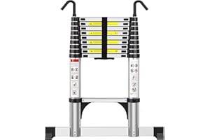 Exleiter Telescoping Ladder 2.9M, Extension Ladder with Hooks and Stabiliser Aluminium Folding Loft Ladder, Adjustable Step, Home Storage, Attic, Maintenance Garden etc, Max Load 150kg/330lb