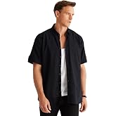 AC&amp;Co / Altınyıldız Classics Comfort Fit Rahat Kesim Gizli D&uuml;ğmeli Yaka Keten G&ouml;r&uuml;n&uuml;ml&uuml; %100 Pamuk Flamlı G&ouml;mlek, Renk Siyah,