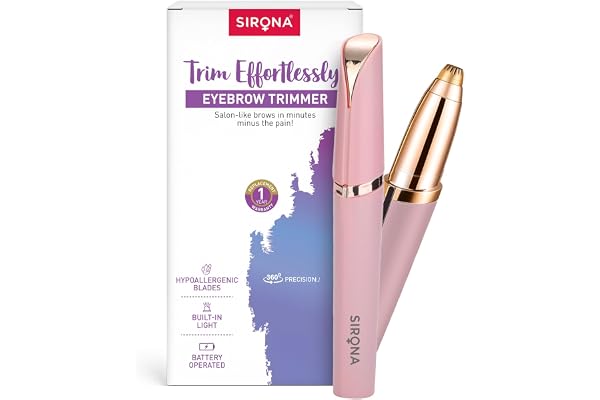 Sirona Eyebrow Trimmer Machine for Women - Pack of 1 Built-in Light Pain-Free Brow Shaping Battery Operated Hypoallergenic Blades 360° Precision Tip 1-Year Replacement Warranty