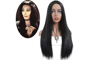 YEESHEDO Morticia Addams Kostiumy cosplay peruki długie, naturalne, proste, środkowa część, naturalny czarny kolor, peruka odporna na wysokie temperatury, realistyczna syntetyczna peruka na co dzień,