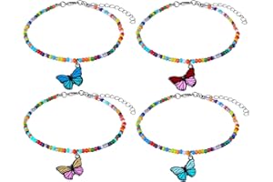 KINBOM 4pcs Bracelet de Cheville Perle, Faits à la Main Réglables Bracelet de Cheville Femme avec Breloque Papillon Colorés Perles de Riz Cheville Bracelets Bohèmes pour Filles Vacances à la Plage
