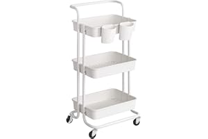 SONGMICS Chariot de Rangement, 3 Niveaux, Desserte sur roulettes, Étagère, Poignée, 2 Pots, 2 Freins, Paniers en Plastique, Montage Facile, Chambre, Cuisine, Blanc BSC067W01
