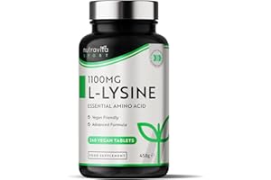 L-Lysine 1100mg High Strength - 240 Vegan & Gluten Free Tablets (8 Month Supply) - Cold Sore Treatment, Essential Amino Acid Supplement - Normal Growth and Muscle Turnover - Made in The UK - Nutravita