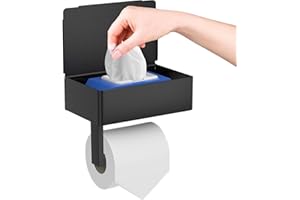 GUIGUZI Toilet Roll Holder with Shelf, 2 in 1 Toilet Roll Holder With Storage Box, Black Stainless Steel Toilet Paper Holder Wall Mounted/Self Adhesive for Bathroom Washroom Toilet Kitchen (Matte black)