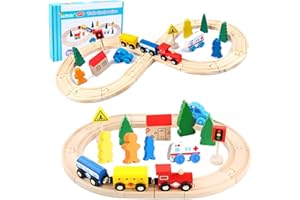 LiRiQi Circuit Train Enfant, 33 pièces Ensemble Circuit de Train en Bois pour Tout-Petits, Rails en Bois, Thème Ville Urbain Compatible ave Thomas Brio, Cadeaux pour Garçons Filles 3 4 5 6 7 Ans