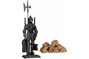 MONAL Contempary Traditional Fireside Tool Set Vintage Style Indoor Companion Set Fireplace Coal Fire Wood Burner Accessories Tong, Brush, Poker & Shovel Cast Iron Black (FIRE104)