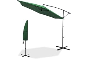 KEPLIN 3M Cantilever Garden Parasol, Garden Umbrella with Crank Handle & Cover, UV Protection, Water-Repellent Polyester, Powder-Coated Pole, 6 Ribs Garden Parasol and Base, Sturdy Cross Base