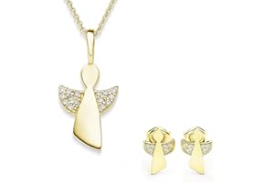 Amoonic Schmuckset Mädchen Gold (Silber 925 vergoldet) Engel Kette Kommunion Geschenke für Mädchen Schmuck Schutzengel Kette Kinder Geschenke Taufe Geschenke zur Geburt Kinderkette Halskette Ohrringe