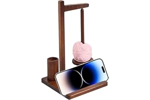 Joyeee Support de fil à crochet, support magnétique pour pelotes de fil avec accessoire de rangement et support de téléphone, évite les nœuds, cadeau idéal pour les amateurs de laine, noyer