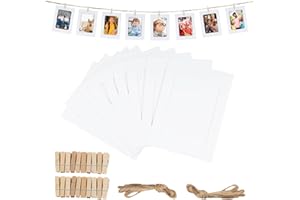 RAFIYU 20 cornici per foto di carta, fai da te, carta kraft creativa, con 20 mollette di legno e corda (bianco)