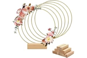 Worown 6 Piezas Aros de Metal 25cm， Anillo Metalicos Oro con 6 Soportes de Madera Natural， Aros Florales para Decoración Bodas， Fiestas， Banquetes， Eventos