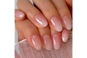 SXVME Ombre French False Nails Short Oval, Gradient Pink Full Cover Fake Nails Almond, 24pcs Set of 24 Glossy Acrylic Gel Press On Nails for Women Daily Wear