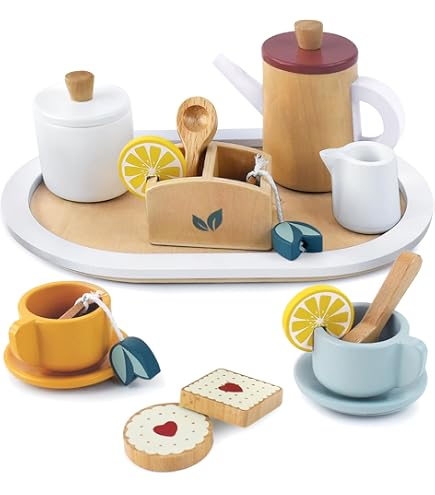 Service à Thé Pour Enfants 13 Pièces - En Silicone Et Bois, Jeu De Rôle, Fête à Thé - Cadeau Pour Filles Et Garçons