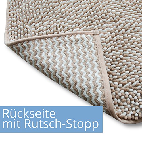 Chenille Badematte Manta | moderner Microfaser Badvorleger in Trendfarben | ÖKO TEX Standard 100 | extra hoch | Komfortgröße 50×80 cm für Badezimmer | Beige – Weiß - 4