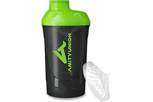 AMITYUNION Protein Shaker Protein Shake Deluxe 800 ml - shaker protéiné étanche, sans BPA avec tamis et tartre pour les shakes crémeux de poudre de protéine de lactosérum - tasse de fitness en Noir Vert