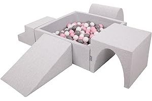 KiddyMoon Foam Playground For Kids With Square Ballpit (200 Balls ∅ 7Cm/2.75In) Soft Obstacles Course And Ball Pool Made In EU, Lightgrey:White/Grey/Powderpink