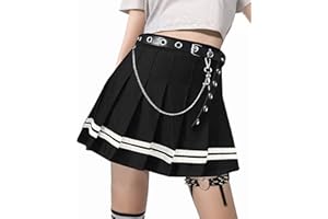 DINGJIUYAN Punk Cross Print Dark Mini Skirts Chain Belt Black Uniform Pleated Skirt