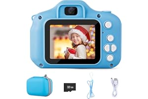 PTUI Caméra pour enfant avec sac de transport - Jouet pour fille et garçon de 3 à 10 ans - Cadeau d'anniversaire de Noël - 1080p HD 32 Go - Carte SD - Appareil photo pour enfants (bleu)