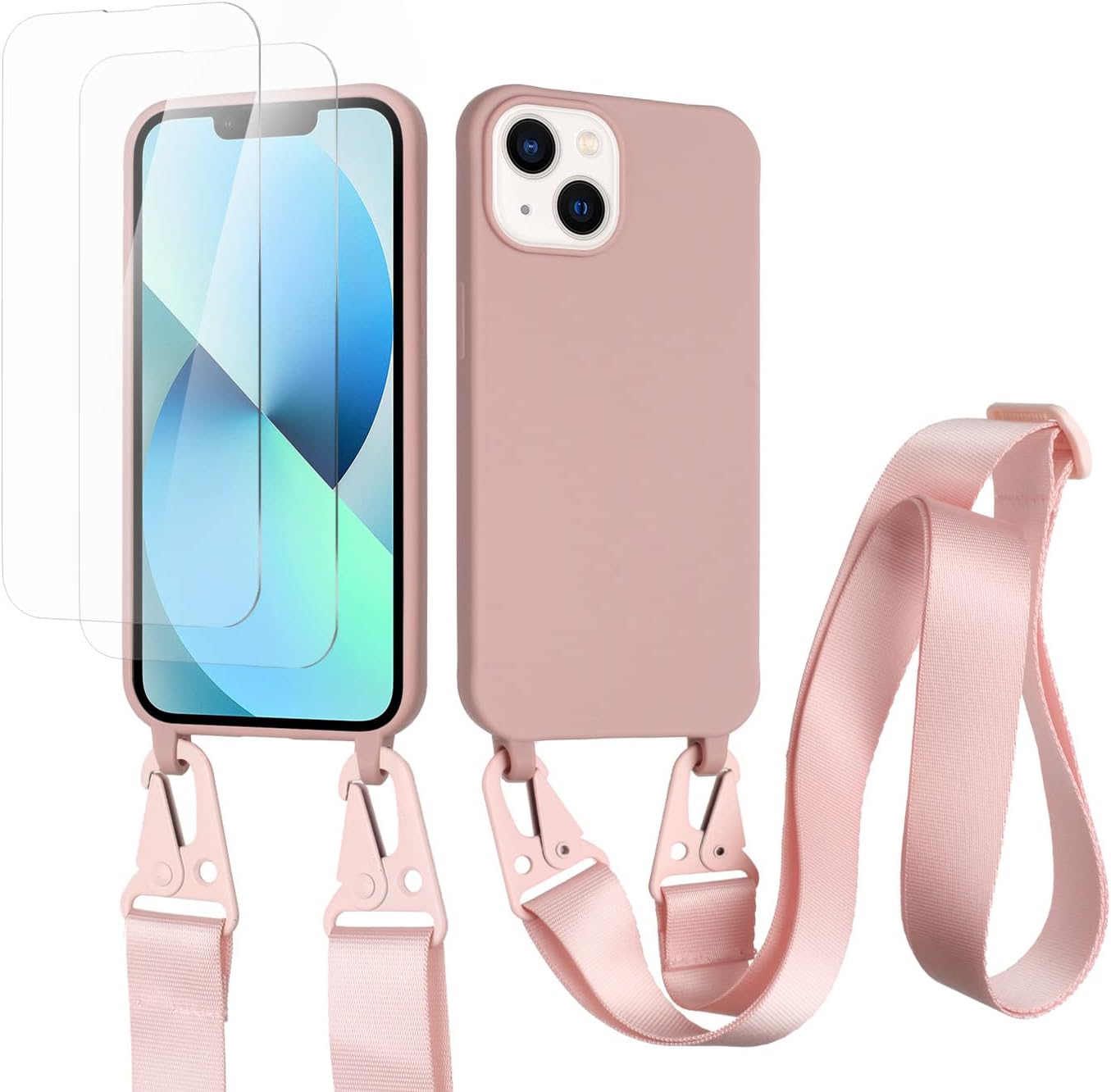 vrupin Funda Compatible con iPhone 13.con (2 x Protector Pantalla)con Cuerda Case con Ajustable Cordón.Silicona Líquida Funda-Loto Color