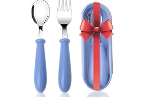 Toddler Fork and Spoon Set, Acehome Stainless Steel Baby Cutlery Set with Travel Case Dishwasher Safe for Kids, Children Flatware Weaning and Learning to Use (Blue)