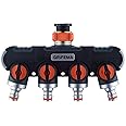 GRIFEMA GE1401-4 Garden Hose Splitter 4 Way, Double Hose Connector, Y Valve Water Tap Splitter, 3/4"and 1/2" Tap Distributor for Outdoor Tap and Garden Hoses, Orange / Black