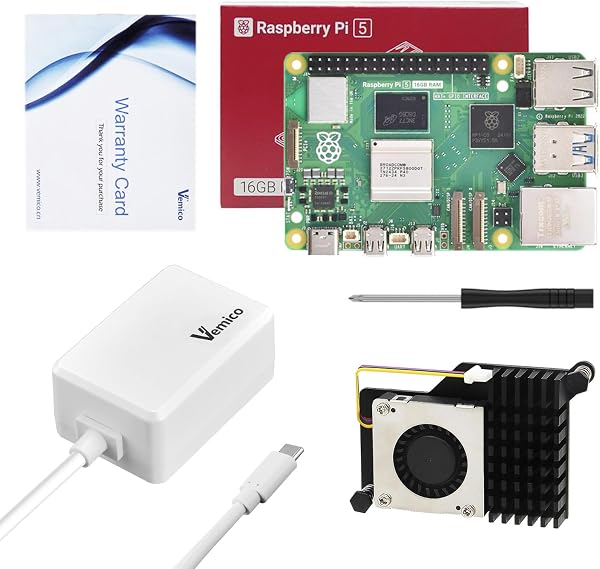 Vemico Raspberry Pi 5 16GB Starter Kit con Active Cooler 27W 5.1V 5A Cable de Alimentación Destornillador Tarjeta de Garantía - 1
