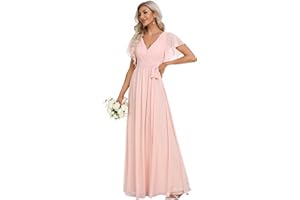 Ever-Pretty Robe pour Mariage Invité Longue Femme Col V Mousseline A Line Manches Courtes Plissé Chic EE0164A