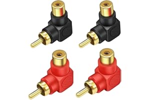 PAIKIUU 4Pcs 90 Degree RCA Adapter,Male to Female Right-angle RCA Adapter Elbow Connectors Gold-Plated 90 Degree Phono Adapter for Stereo Audio or AV Video