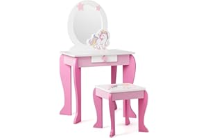 ‎COSTWAY COSTWAY Kinder Schminktisch mit Hocker, Prinzessin Frisiertisch mit Schublade und Abnehmbarer Spiegel, Frisierkommode rosa, Schminkkommode für Mädchen von 3-7 Jahren (Pink)