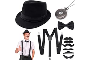 JORAKI Akcesoria męskie w stylu lat 20., kostium gangsterski, rockabilly, mafii, Gatsby, Flapper, kostium z elastycznymi, regulowanymi szelkami, kapelusz gangsterski Panama