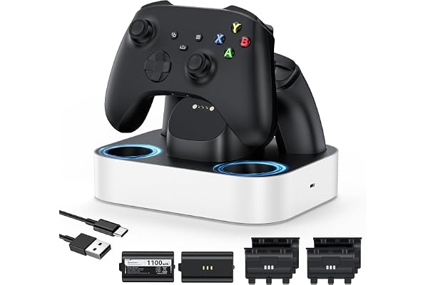 NEWDERY Station de Charge pour Manette Xbox, 2 Batteries Rechargeables 1100mAh pour Manette Xbox One/Series X|S, Station de Charge Rapide avec 4 Couvercles de Batterie Blanc