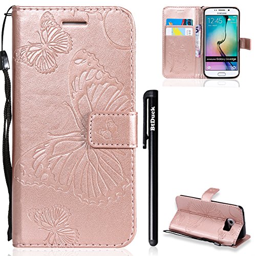 BtDuck Samsung Galaxy S6 Edge Clear Butterfly Leather Wallet Phone Protector Magnetic Closure Shockproof Case Wrist Strap Woman Soft Silicone Inner Holster Slim Fit Shell