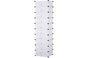 WOLTU SR0052ws regał na buty typu „zrób to sam”, do przechowywania, szafa garderobiana z drzwiami, 10 przegródek, tworzywo sztuczne, 47 x 37 x 170 cm (szer. x gł. x wys.), biały
