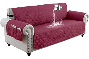 QQJIN 100% Waterproof Sofa Cover 3 Seater, Non-Slip Sofa Slipcover with 6 Side Pocket, Washable Settee Cover with Adjustable Elastic Strap for Kids, Dogs,Red,3 Seater