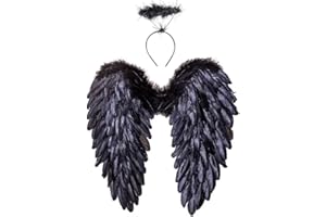 Winwild Alas de Angel con halo,Disfraz de alas de Angel y Demonio para señoras y niñas niños para Halloween Carnaval Cosplay Fiesta Disfraces(Negro,45 x 45 cm)