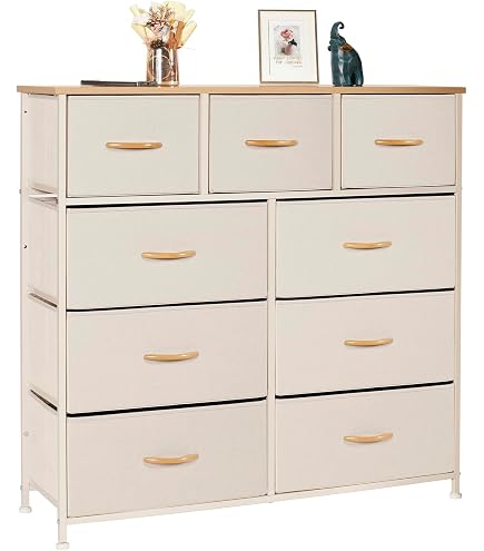 Commode 8 Tiroirs YITAHOME En Tissu - Dessus En Bois, Pieds Réglables - Rangement Chambre, Salon - Beige