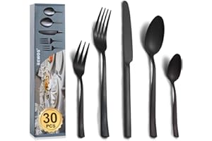 BEWOS Set di Posate per 6 Persone, Set di Posate in Acciaio Inossidabile da 30 Pezzi, Set di Posate Nero Opaco con Coltelli, Forchette e Cucchiai, Lucidato a Specchio e Lavabile in Lavastoviglie