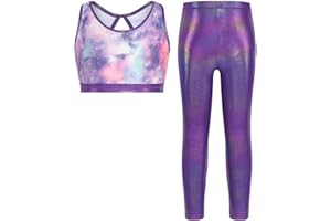 JiAmy Dziewczęcy zestaw treningowy wycięcie z tyłu dwuczęściowe błyszczące zestawy odzieży sportowej bez rękawów krótkie podkoszulki legginsy do jogi dla dzieci