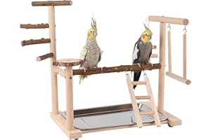 RoseFlower Wooden Bird Playground, Parrot Playstand with Perches, Ladder, Swing, Feeder Cups, Tray for Conure, Parakeets, Budgie, Cockatiels, Lovebirds