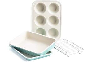GreenLife Bakeware Set da Forno in Ceramica Antiaderente Mini, 4 Pezzi, Teglia per Muffin da 6 Tazze,Teglia per Torta Rettangolare,Vassoio da Forno,Cestello di Raffreddamento,Senza PFAS,Forno,Turchese