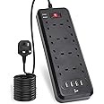 Gzar Premium 8-Way Surge-Protected Extension Lead with 4 USB Ports - Black Multi-Plug Power Strip, 2M Extension Cable, 2500W/10A UK Power Socket Extension Cord for Home & Office Use