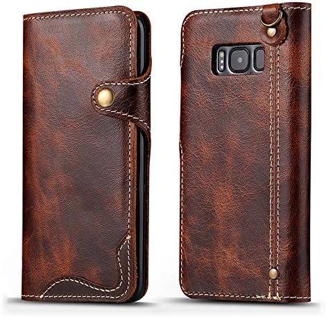 Genuine Leather Purse/Wallet with Magnetic Phone Case for Samsung Galaxy s8, 3 Card slots and 1 cash holder (Brown)