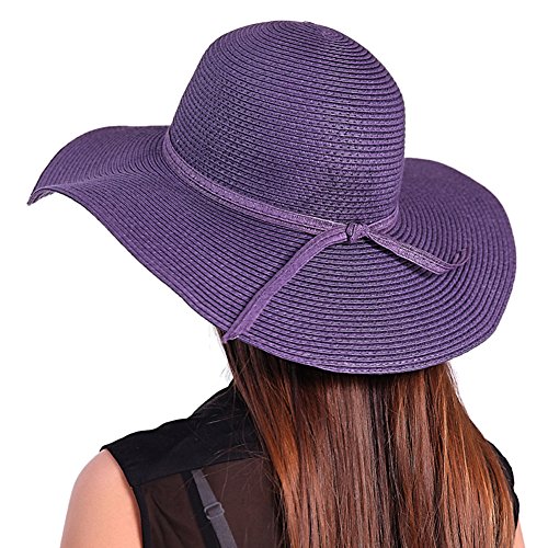 TININNA Damen Frauen Faltbar Böhmen Wide Rand Sonnenhut Strohhut Strandhut Sommerhut Sommer Hut Sonnenhuete Strand Kappe Sandstrand Sonnenhüte (Lila) - 3