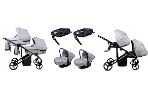 BabyLux® Bambini Passeggino per gemelli Completo Set 4 in 1 - Duo | Silver - incl. Navicella, Canna, Seggiolino Auto, ISOFIX Base - Carrozzina Neonati Sistema Combinato - con Borsa fasciatoio ecc.