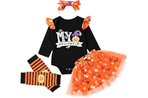 Savlot Baby Girl My First Halloween Outfit Long Sleeve Pumpkin Ghost Printed Romper Tutu Skirt with Leg Warmers Headband 4pcs Infant Newborn Clothes Set
