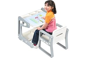 COSTWAY Mesa para Niños con Silla Pizarra Magnética Escritorio con Tablero Altura Ajustable Juego de Mueble con Espacio de Almacenamiento para niños de 3 a 12 años (Gris)